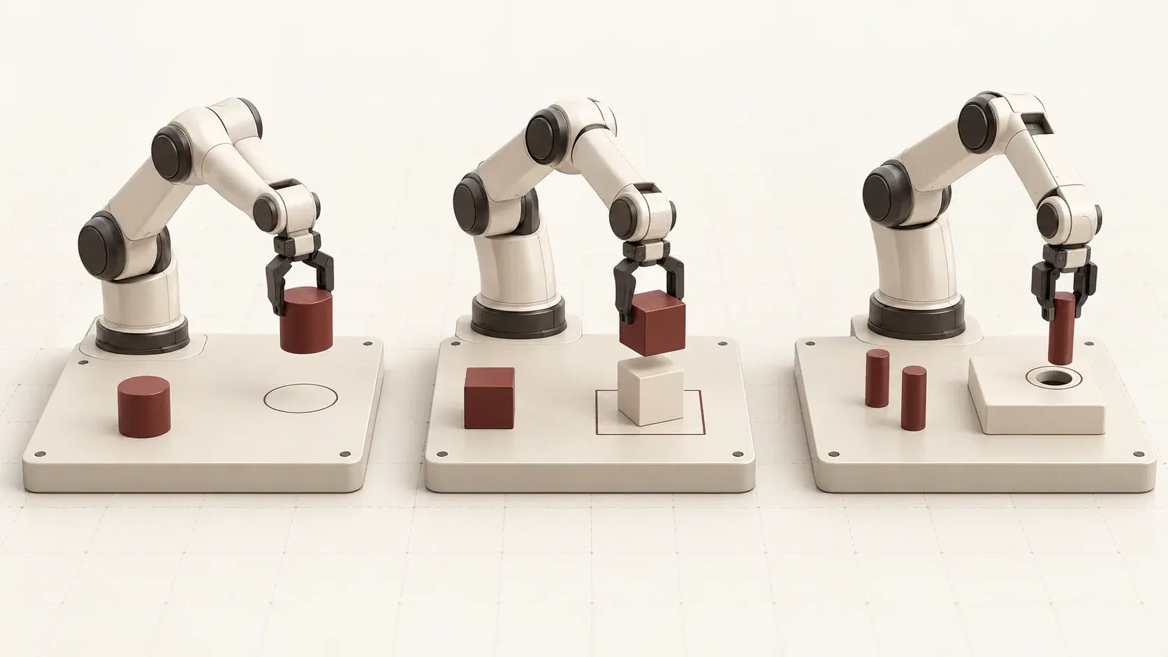 Three robot-arm benchmark tasks: placing a cylinder in a target, stacking a cube, and inserting a peg into a hole