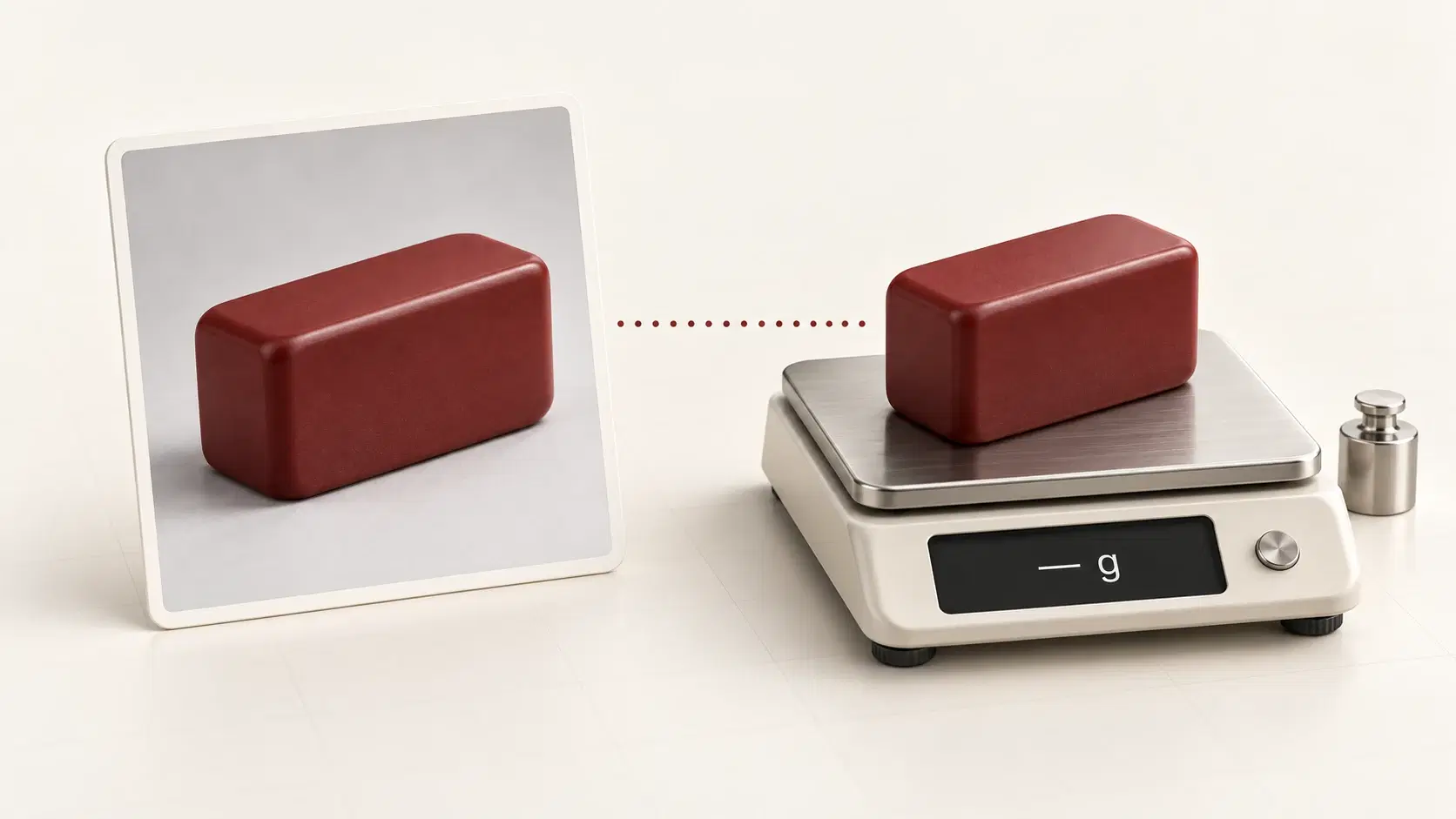 A photo of a red block beside the same block on a kitchen scale, its weight still unknown