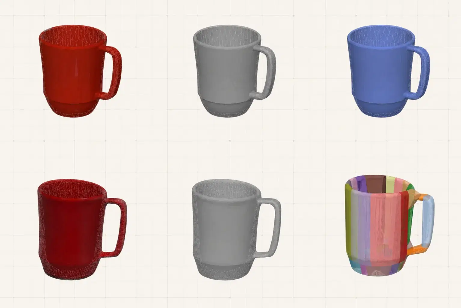 A mug reconstructed as a sim-ready asset: textured, untextured and wireframe meshes alongside its convex collision decomposition