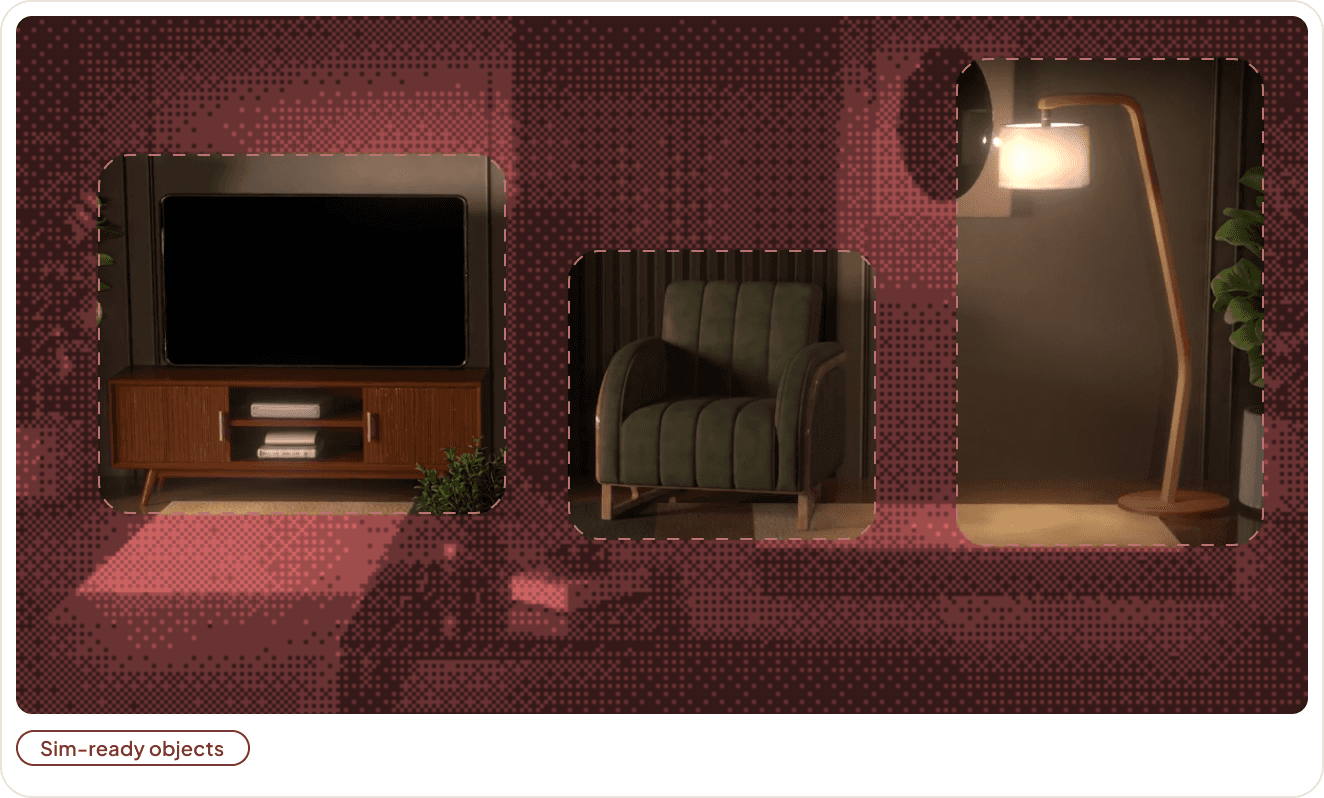 The scene broken out into individually manipulable sim-ready assets